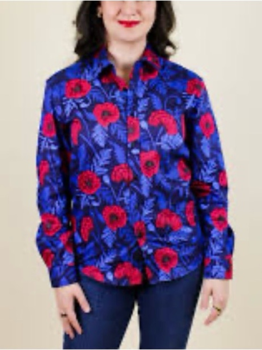 Hemloya L Bright Blue Floral Button-Up Shirt with Red Flowers 100% Cotton
